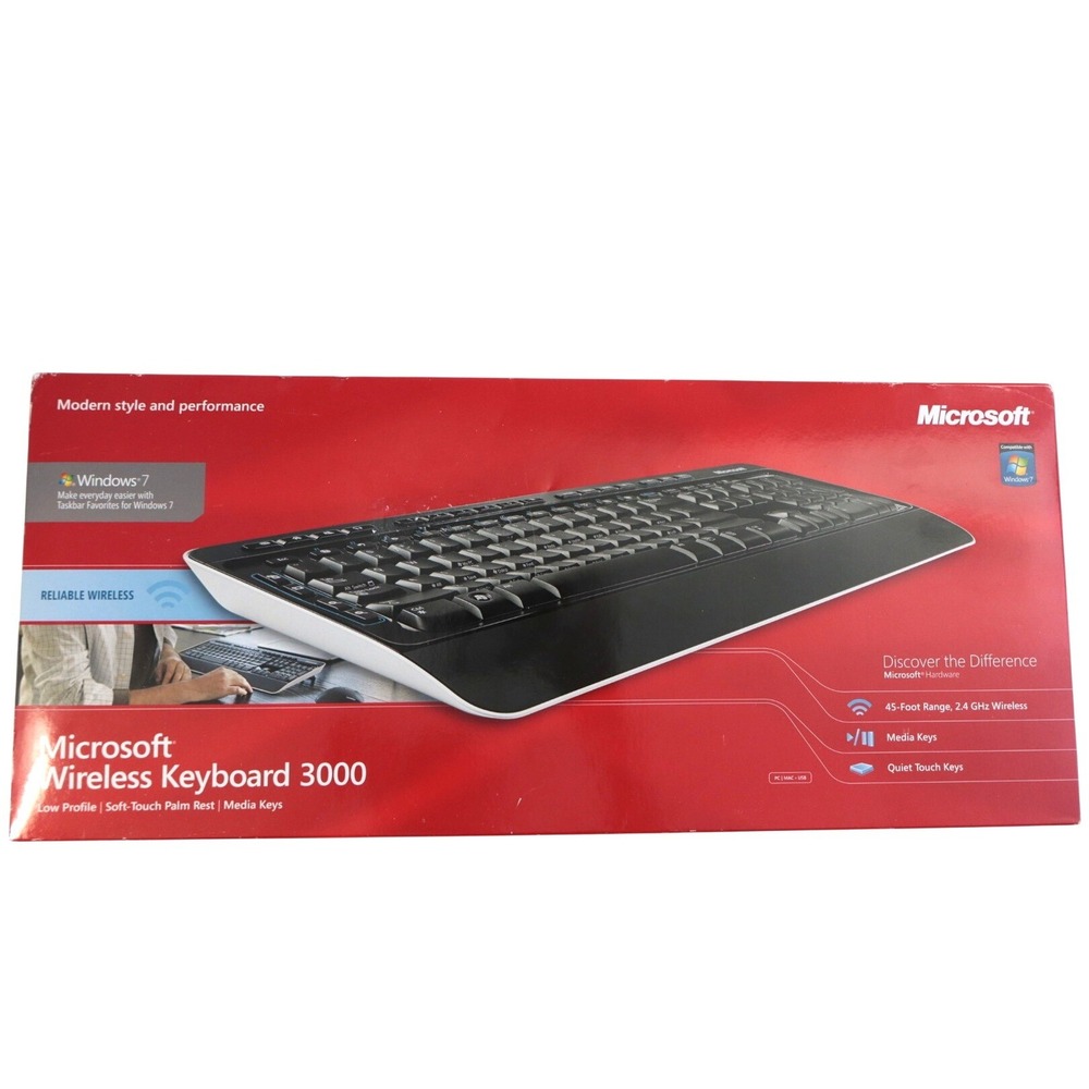 Microsoft Wireless Keyboard 3000 Low Profile Soft-Touch Palm Rest Media Keys NEW